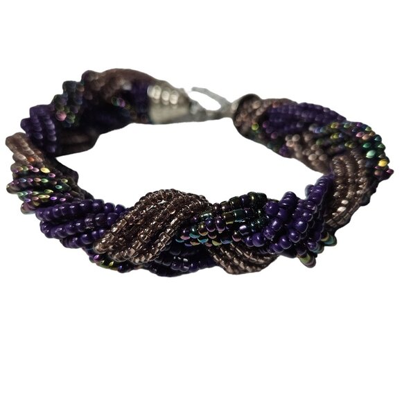 Handcrafted Twisted Seed Beaded Bracelet Purple Gold Beads Fashion Jewelry Women - Picture 2 of 6